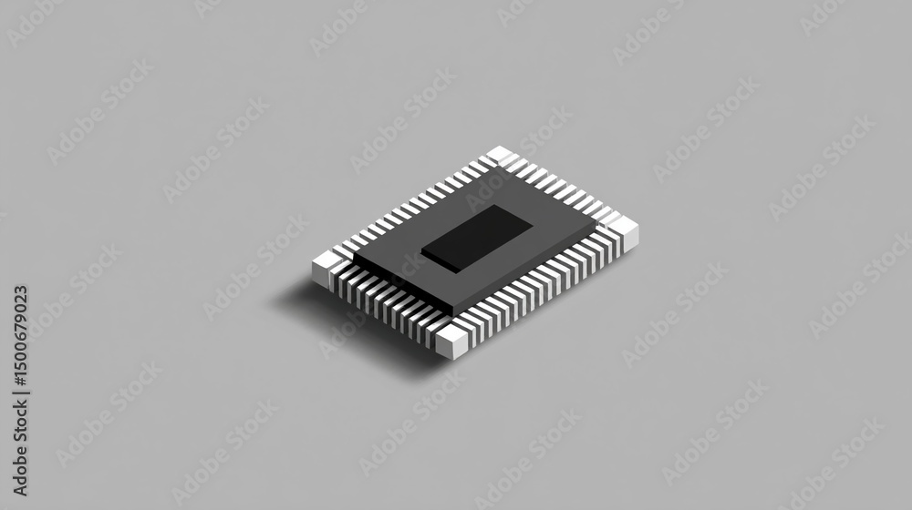 Isometric illustration of a microchip, showcasing its technological design and complexity, representing innovation, technology, and computing power Isometric illustration of a microchip, showcasing its technological design and complexity, representing innovation, technology, and computing power