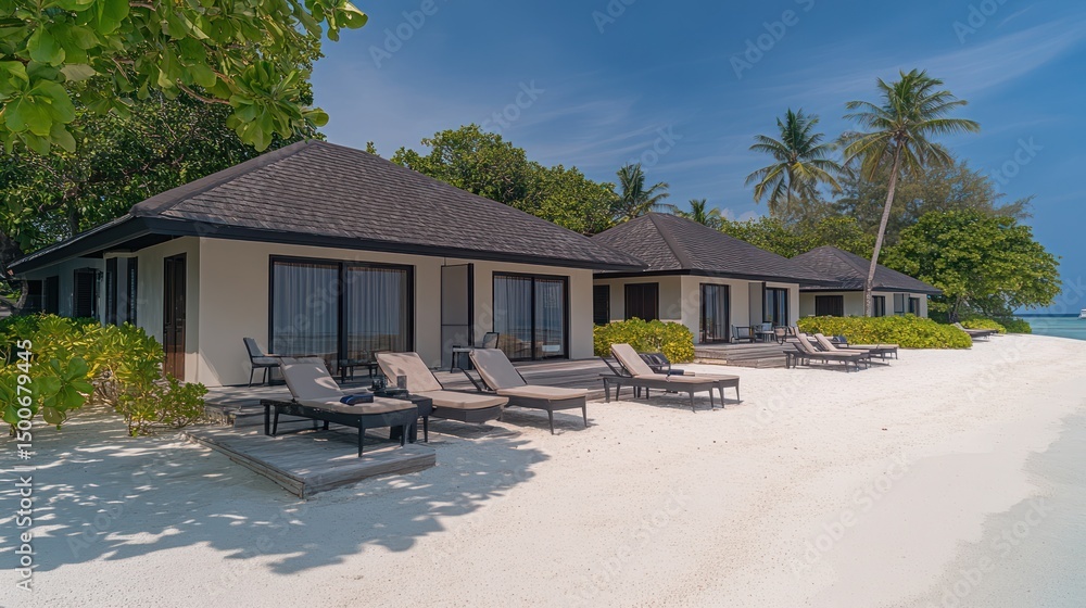 Tropical beachfront bungalows on pristine white sand. Lush vegetation surrounds the modern structures, showcasing comfortable outdoor seating areas