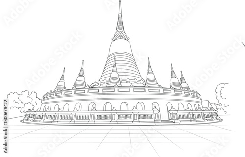 Line Drawing of Wat Prayoon Pagoda in Bangkok, Detailed black and white line art illustration of the main pagoda at Wat Prayoon Wongsawat Worawihan (Wat Prayoon) in Bangkok, Thailand. This 