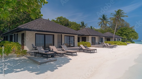 Obraz na płótnie Tropical beachfront bungalows on pristine white sand. Lush vegetation surrounds the modern structures, showcasing comfortable outdoor seating areas w salonie