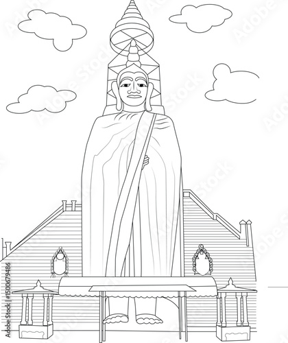 Giant Standing Buddha Wat Intharawihan Temple Bangkok Line Art, A line drawing illustration depicting the iconic giant standing Buddha statue at Wat Intharawihan temple in Bangkok, Thailand, with 