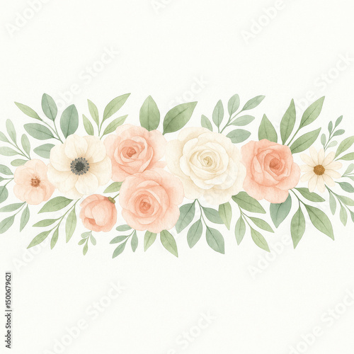 Watercolor Floral Arrangement: A delicate arrangement of soft, pastel-colored flowers and lush green leaves creates a beautiful and harmonious display, evoking feelings of serenity and elegance.