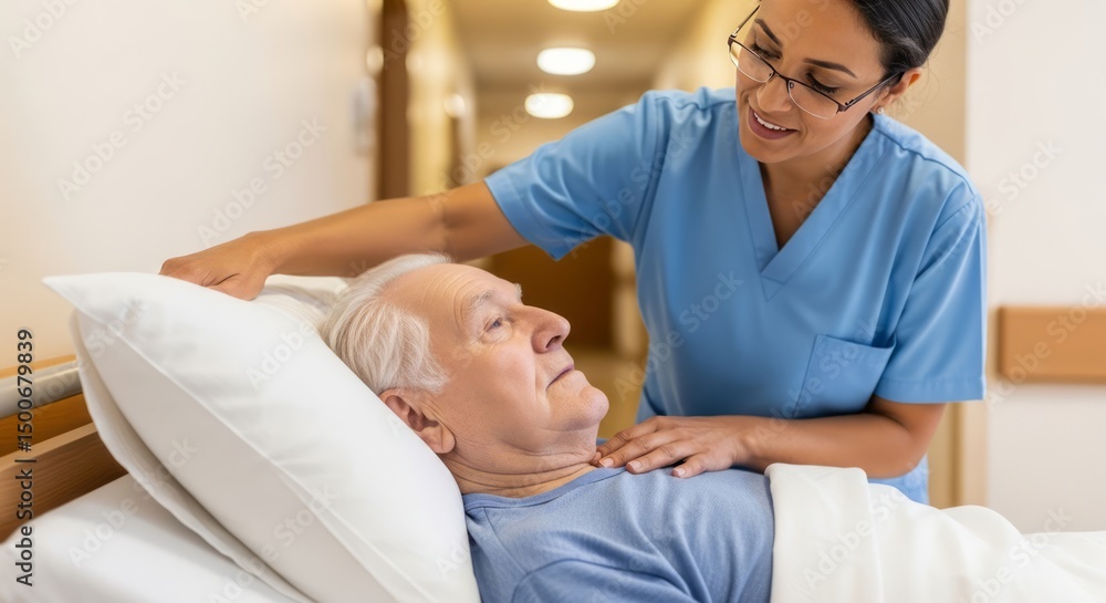 Fototapeta premium Nurse comforting elderly patient in hospital bed, showing care and support.