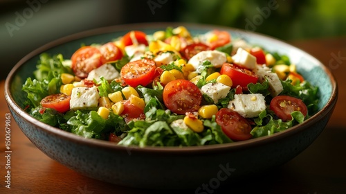 Fresh salad with greens, tomatoes, corn, and cheese cubes in a bowl