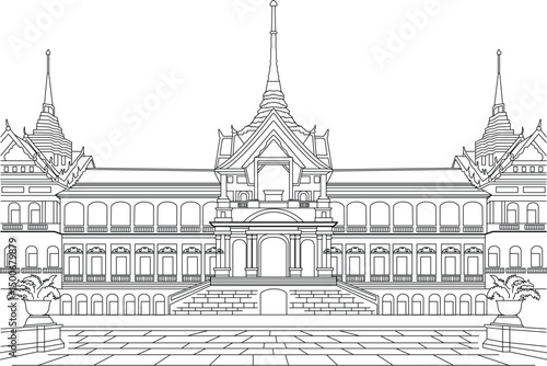 Grand Palace Bangkok Thailand Line Art Illustration, Vector line art illustration of the iconic Grand Palace in Bangkok, Thailand. This detailed black and white outline drawing captures the unique 