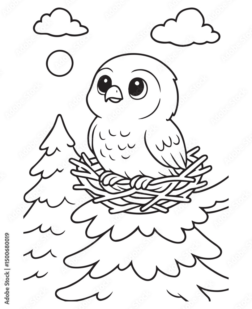 Coloring book baby eagle sits in its nest amongst the pine trees Coloring book baby eagle sits in its nest amongst the pine trees