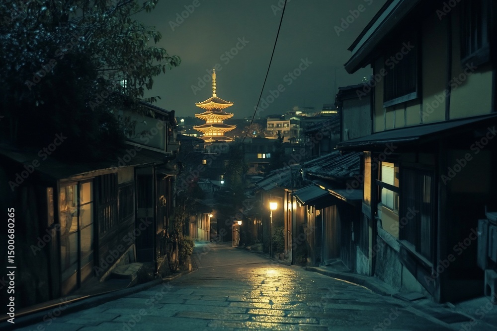 Fototapeta premium Night View with Kyoto Pagoda, and Street.