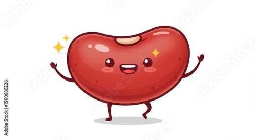 Cute Red Bean Cartoon Character with Happy Expression on White Background Illustration