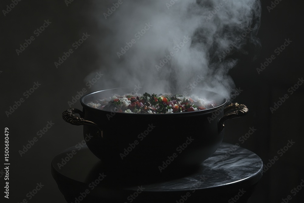 Steaming Pot of Colorful Vegetables and Herbs on Black Table Steaming Pot of Colorful Vegetables and Herbs on Black Table