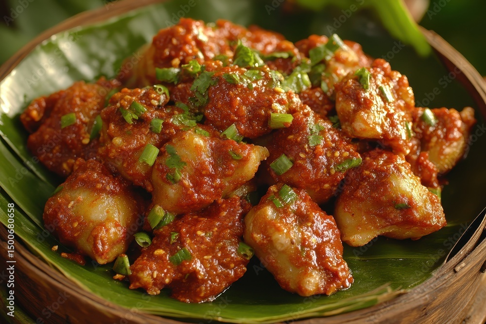 Spicy Sauce Coated Dumplings on a Green Leaf Plate Spicy Sauce Coated Dumplings on a Green Leaf Plate