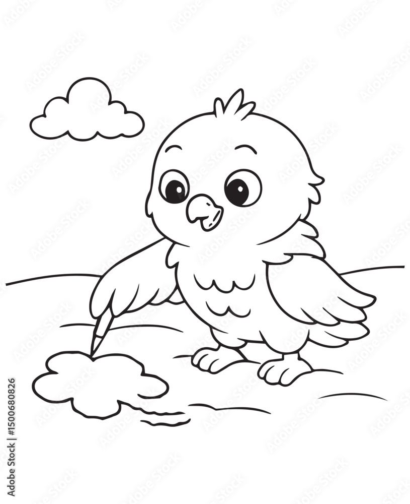 Obraz premium Coloring book baby eagle sweetly draws or plays in a puddle under a fluffy cloud.