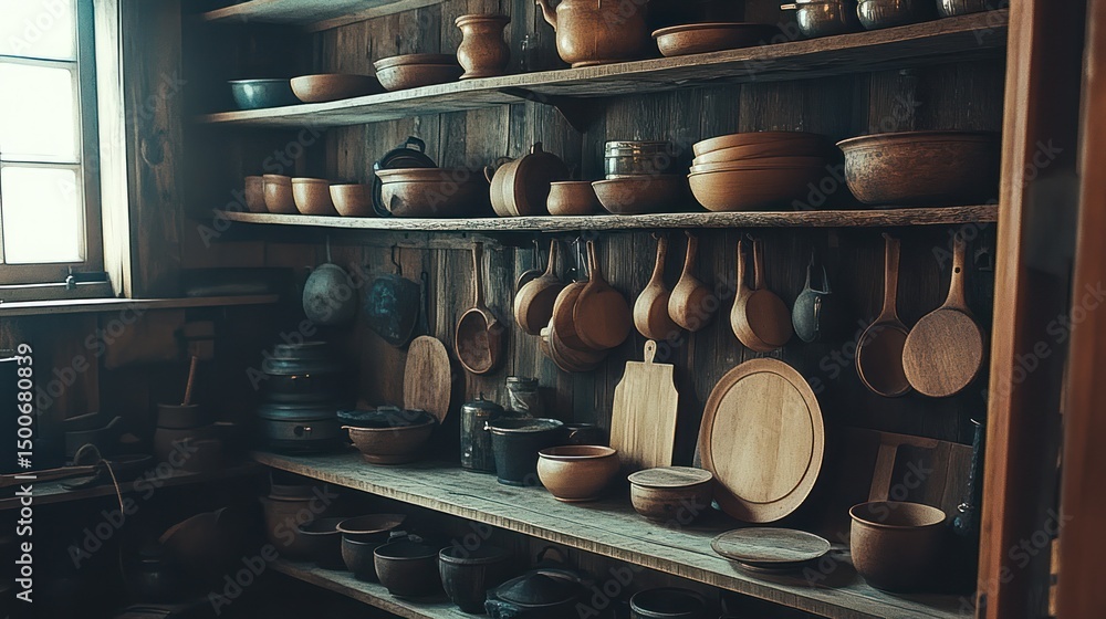 Rustic kitchen with woodenware and pots