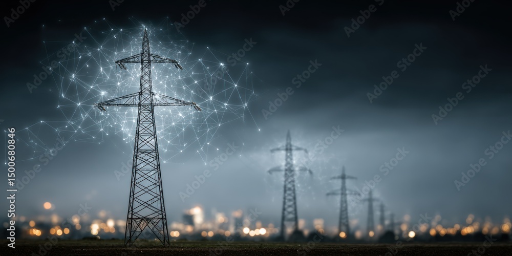 Fototapeta premium power lines in open field with digital network cloud connecting electricity transmission lines