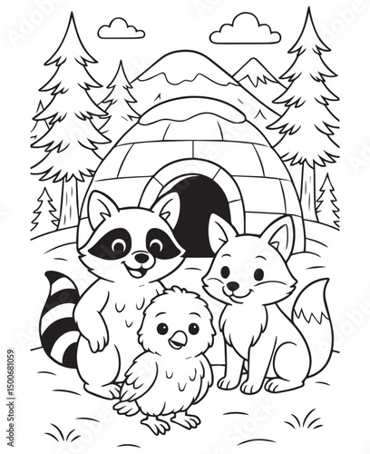 Coloring book baby eagle poses with a friendly raccoon and a happy fox in front of an igloo, 