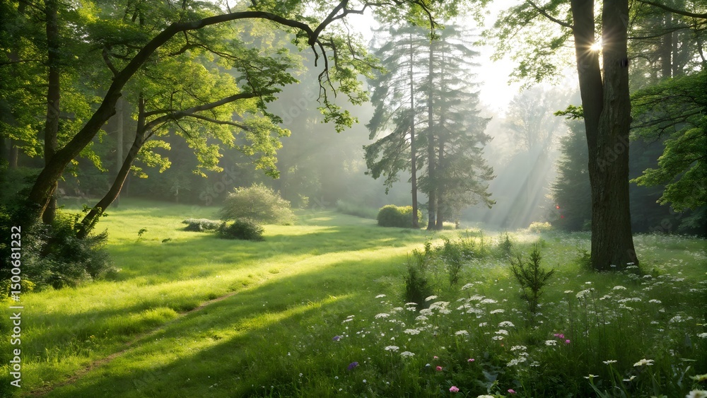 Obraz premium A tranquil forest clearing bathed in dappled sunlight, highlighting the natural beauty and calmness of the woodland environment.