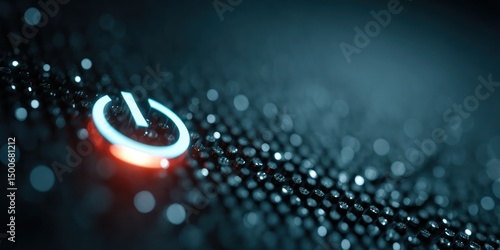 illuminated power button glows on textured black surface with soft focus
