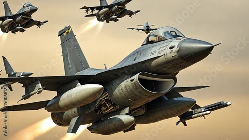 Fighter jets in formation with jets launching missiles in clear sky during military operation exercise