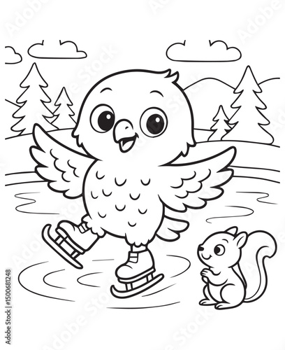Coloring book  baby eagle joyfully ice skates with a curious squirrel on a frozen pond