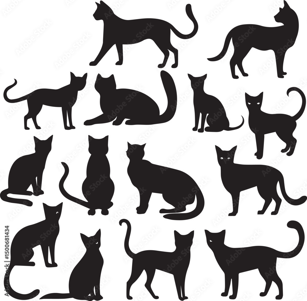 cat silhouette vector illustration, black silhouette on a white background, cat silhouette vector illustration, black silhouette on a white background,