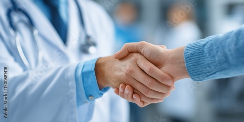doctor shaking hands with caucasian female patient in hospital, partnership and trust concept