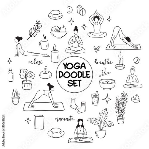 Collection of yoga, relax, meditation doodles illustrating poses and symbols for wellness enthusiasts