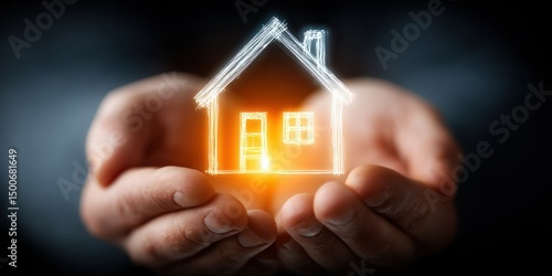 sketch of house held in human hands with soft light glowing for hope and future concept