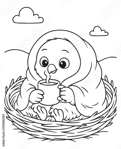 Coloring book eagle hatchling snuggles in a nest, wrapped in a cozy blanket and enjoying a warm drink.