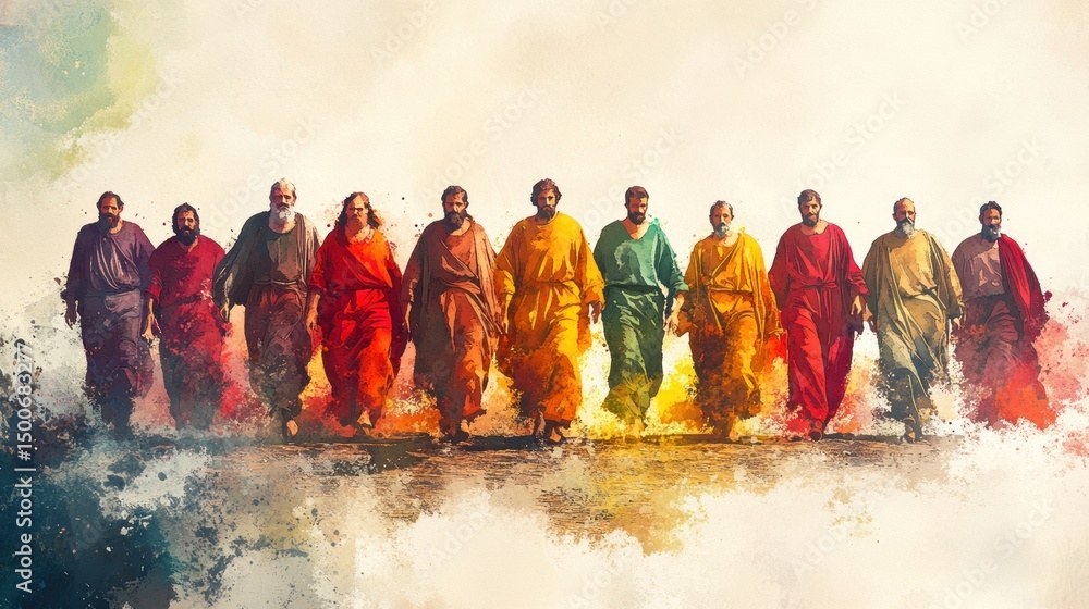 Naklejka premium Watercolor illustration of the twelve chosen disciples in biblical Christian religious art