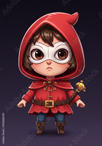 Digital Illustration of a Cute Girl in a Red Hood and Mask Costume