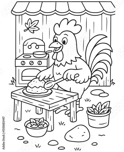 Coloring book rooster bakes or cooks outdoors, skillfully preparing a dish. 