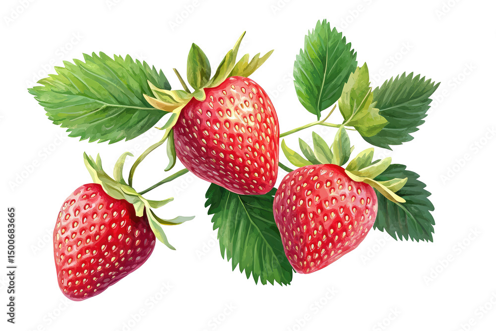 A digital painting of three strawberries with leaves on a black background in a close up still life view A digital painting of three strawberries with leaves on a black background in a close up still life view