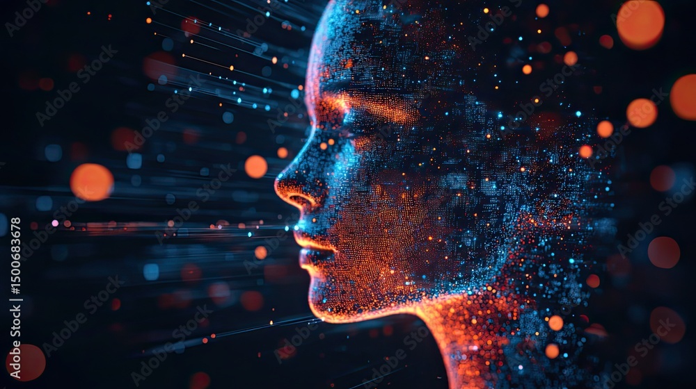 Abstract digital face profile with glowing particles and dark background design art