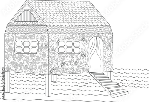 Ornate Beach House Line Art Coloring Page, Detailed line art illustration of a beach house on stilts over water, featuring intricate patterns on the building. Ideal for coloring books, relaxation, 