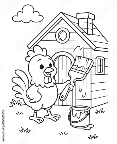 Coloring book rooster holds a paintbrush and paint can, ready to spruce up its chicken coop