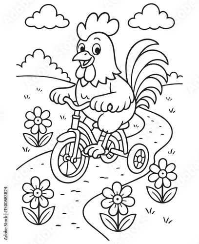Coloring book rooster rides a bike through a field of flowers