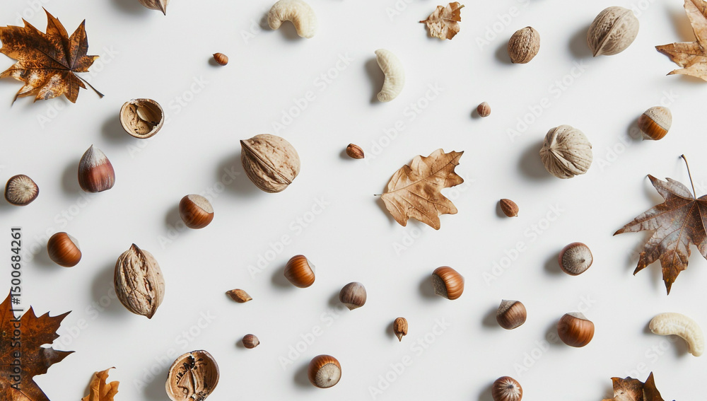 autumn themed pattern of whole mixed nuts and dry fallen leaves on white background autumn themed pattern of whole mixed nuts and dry fallen leaves on white background