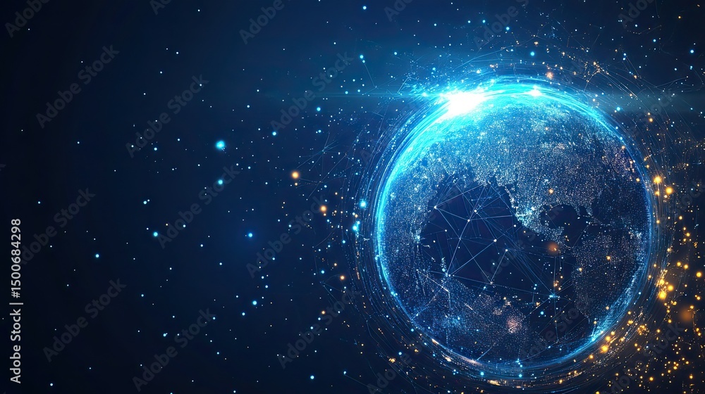 Illuminated globe with network connections against a dark blue starry background Illuminated globe with network connections against a dark blue starry background