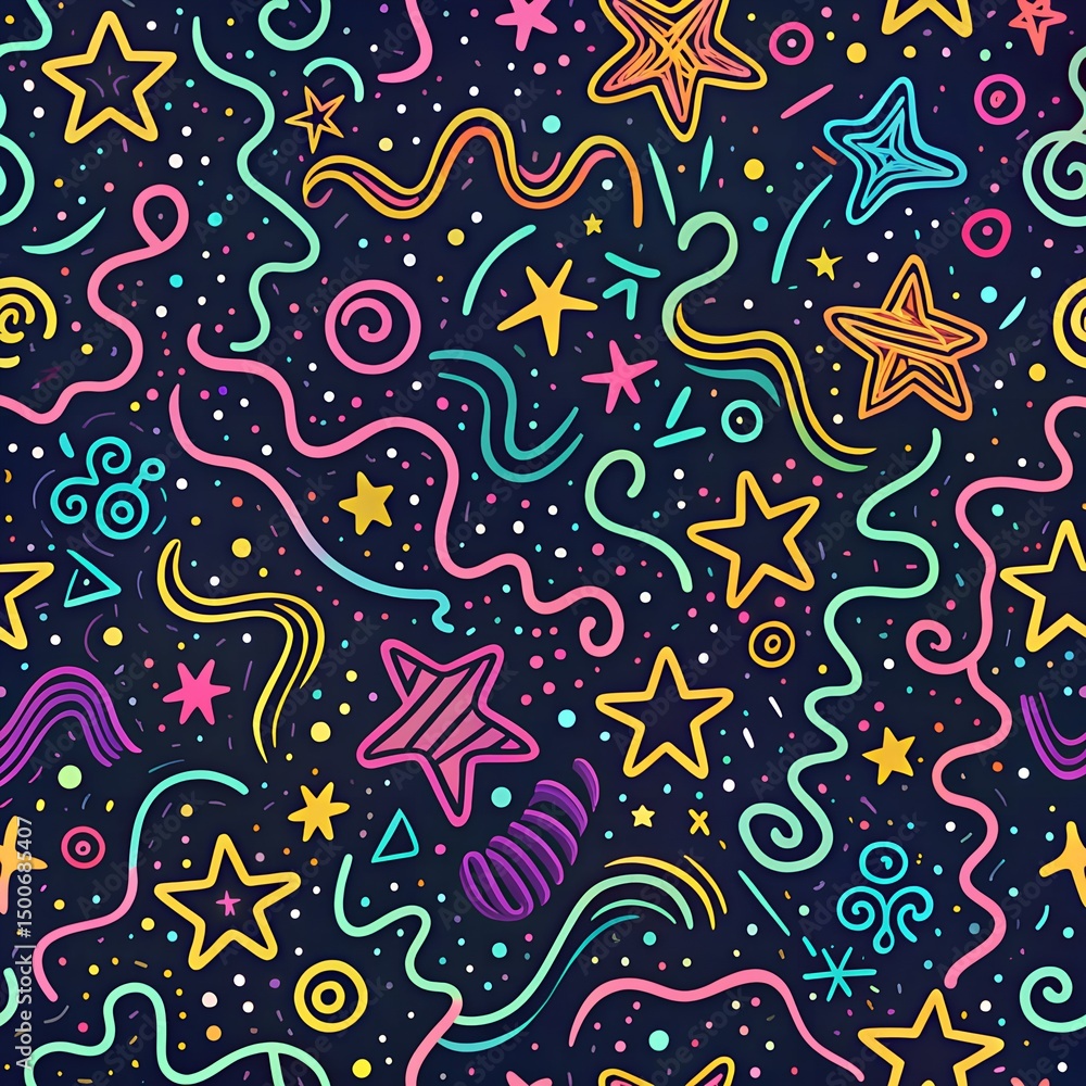 Naklejka premium “Seamless abstract doodle pattern with playful hand-drawn squiggles, stars, and lines in neon colors on a dark background, energetic and youthful design” 