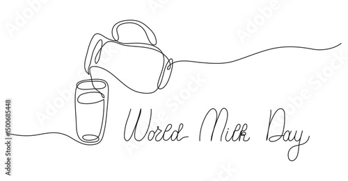 World Milk Day. Abstract jug and glass continuous single one line art hand drawing. Hand drawn quote with editable stroke. Outline handwritten script