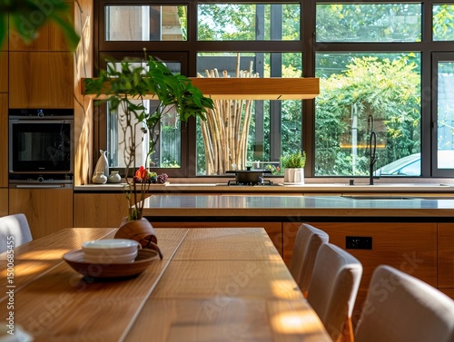 Modern kitchen with a wooden finish and dining area overlooking large windows and natural surroundings