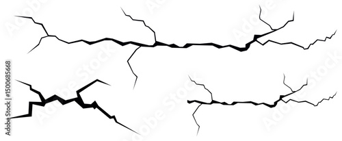 Surface crack and fissure in ground, concrete, crevices from disaster top view. Breaks on land surface from earthquake isolated on white background. Broken ground, wall, glass pattern effect. Damage