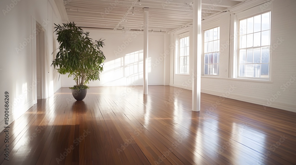 Fototapeta premium Spacious room with polished wooden floor and a single plant.