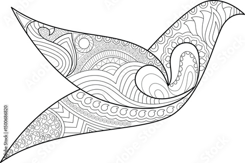 Intricate Patterned Dove Illustration, Detailed black and white line art illustration of a flying dove filled with complex zentangle and mandala-style patterns. Ideal for adult coloring books, 