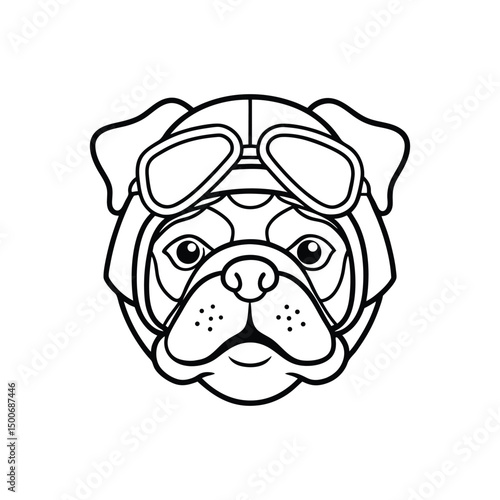Line art illustration of a bulldog face with a biker helmet and goggles.eps