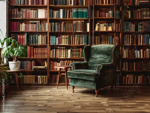 Cozy Reading Nook With Green Armchair and Large Bookshelves Filled With Classic Literature in a Warm, Inviting Home Setting