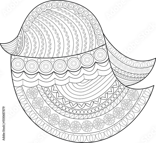 Ornate Patterned Bird Line Art, Black and white line drawing of a bird adorned with intricate zentangle-inspired patterns, suitable for coloring books, relaxation, or design elements. 