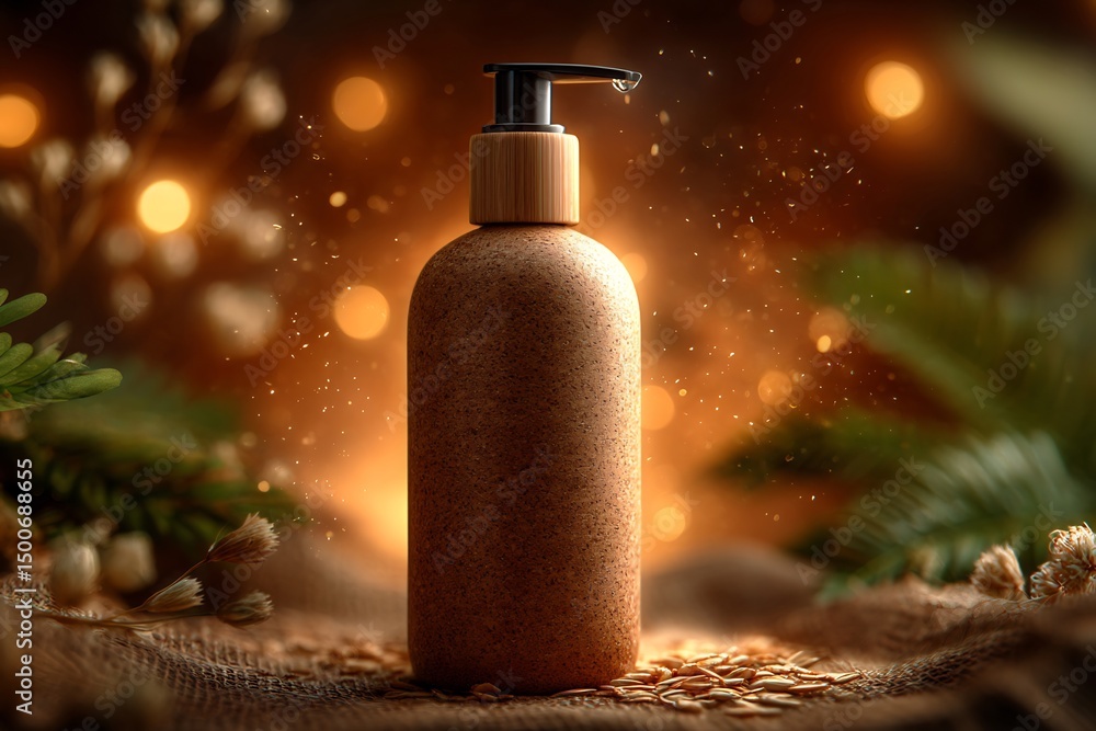 Stylish Natural Cosmetic Bottle with Pump on Rustic Setting Stylish Natural Cosmetic Bottle with Pump on Rustic Setting
