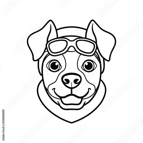 Line art illustration of a dog face wearing aviator goggles and a pilot helmet.eps