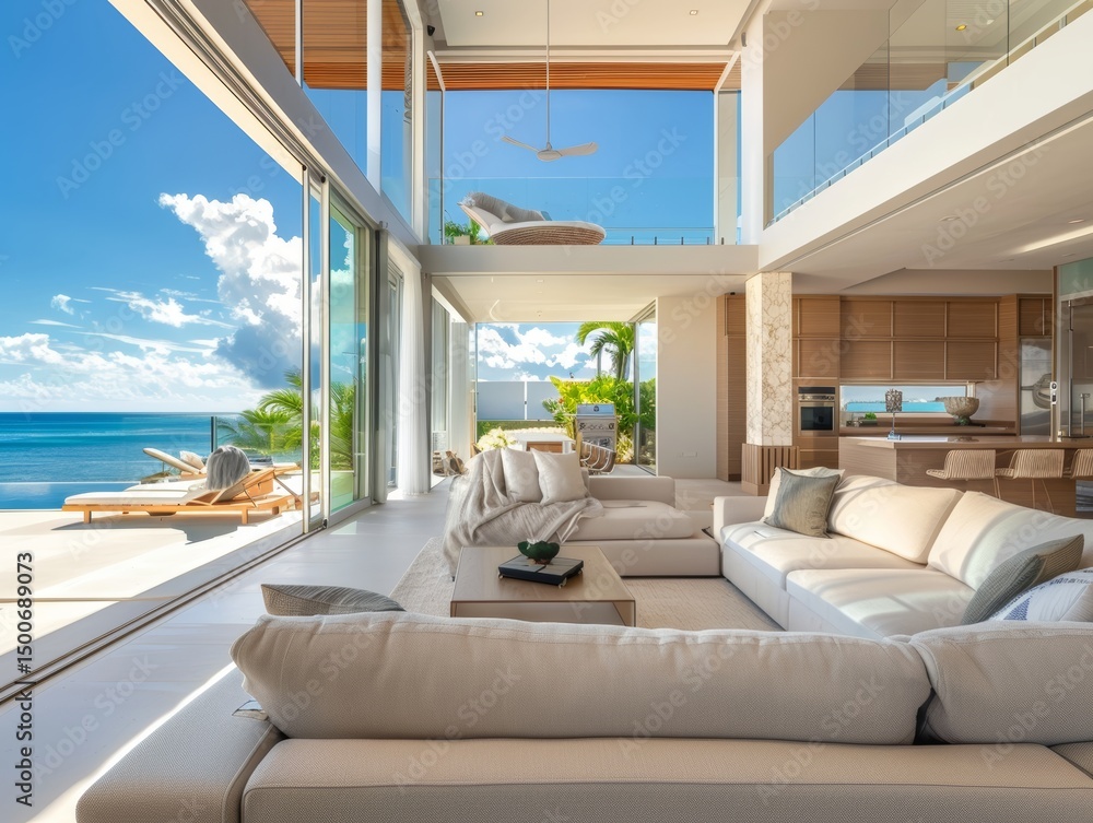 Naklejka premium An exquisite living room design integrating modern furniture with a breathtaking beachfront view, showcasing a seamless blend of indoor and outdoor luxury