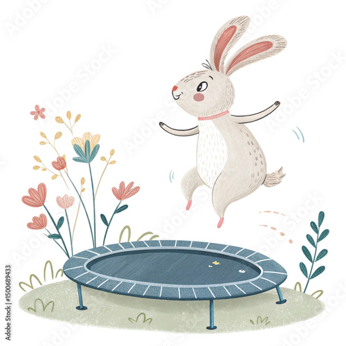 Cute Rabbit playing on a springboard of sports Minimal White Background Clipart Watercolor	